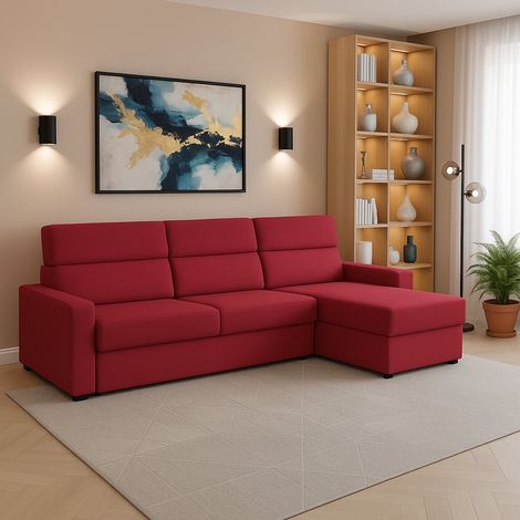 Sofá Fijo con Chaise Longue Vigonovo, Desenfundable, Reversible Made in Italy, Hidrófugo Multiposición, 280x160 cm Rojo (1/5)
