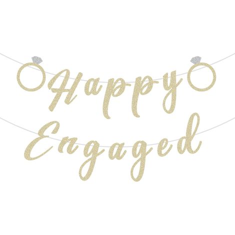 "Happy Engagement" party decorations: champagne gold glitter banner, pre-assembled with ring cutouts, ready to hang on the wall or ceiling (1/5)