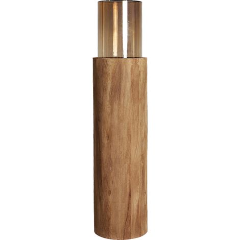 Bougeoir contemporain en bois de manguier - marron et verre fumé brun