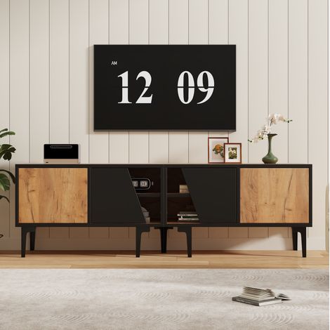 Mueble para TV (160x36.5x45 cm), 4 compartimentos, puertas centrales inclinadas, tablero de partículas, natural y negro (1/5)