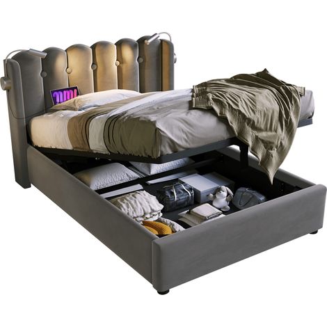Lit coffre 90x200 cm en velours gris avec sommier à lattes, tête de lit avec liseuse et double port USB (1/5)