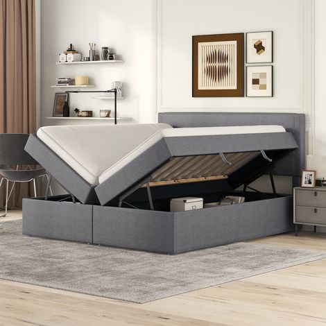 Cama matrimoniales 140x200cm gran almacenamiento somier elevable mecanismo hidráulico estructura metal y madera revestimiento de lino gris (Sin colchón) (1/5)