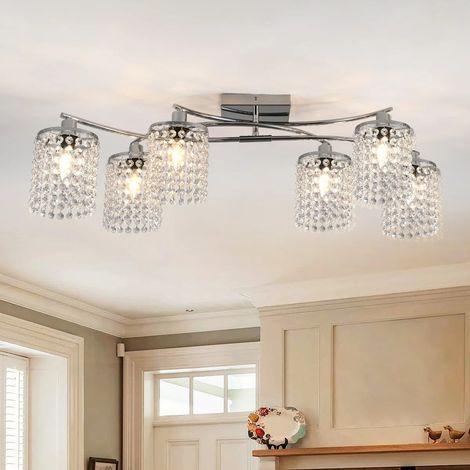 Modern 35 Inch Dimmable Crystal Flush Mount, 6- Light Semi Flush Mount Ceiling Light for Living Room, Bedroom, Kitchen