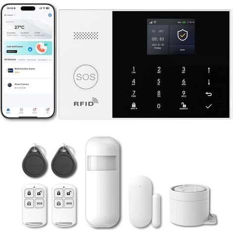 Alarme Maison sans Fil Intelligent 2.4G WiFi/GSM Kit Système d'Alarme connectée 1 sirène,1 Détecteur de Ouverture Porte Fenêtre,2 Télécommandes,1 capteur de Mouvement,Tuya APP(Smart Life) (1/5)