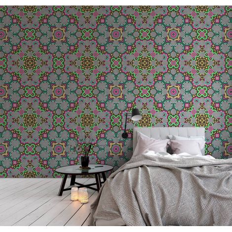Papier peint panoramique original graphique | Tapisserie panoramique mandala multicolore pour salon | Papier peint panoramique pour escalier - 270 x 400 cm (4 pièces) (1/5)