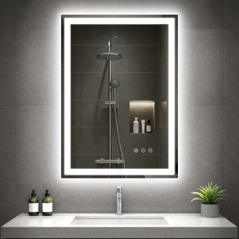 Miroir de salle de bain éclairé, miroir LED lumineux 50x70cm, 3 couleurs variable, anti-buée, fonction mémoire, verre dur HD 4mm, IP44, pose horizontale/verticale, cadre aluminium (1/5)