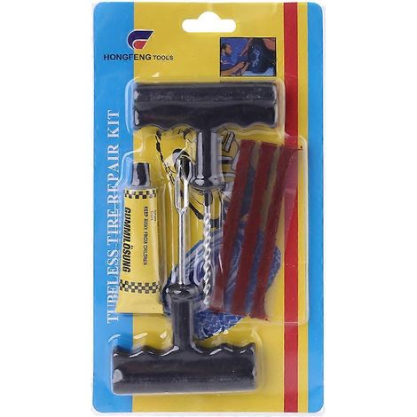 Kit de réparation de pneus tubeless pour voiture, moto et vélo (bouchon, ciment, outil) (1/5)