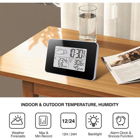 Stazione meteorologica radio wireless con sensore esterno, termometro e igrometro digitale per interni ed esterni - Previsioni meteo, sveglia, retroilluminazione per camera da letto (1/4)