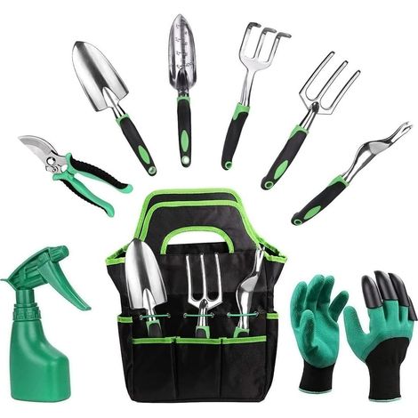 Ensemble 9 pièces Outil de jardin, Acier inoxydable, Gants silicone, Sécateur, Sac rangement, Jardinage extérieur (1/5)