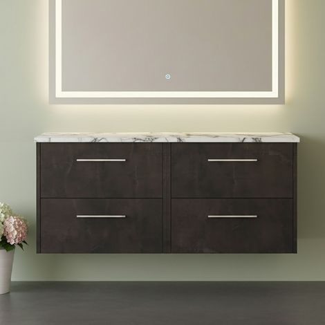 Hudson Reed Juno Wall Hung 4-Drawer Vanity Unit with Carrera Marble Worktop 1200mm Wide - Metallic Slate (1/4)