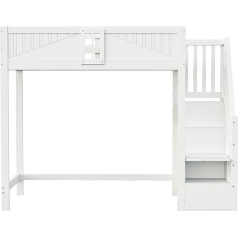 Letto a soppalco 90 x 200 cm bianco con scala reversibile e finestra di sicurezza (1/5)