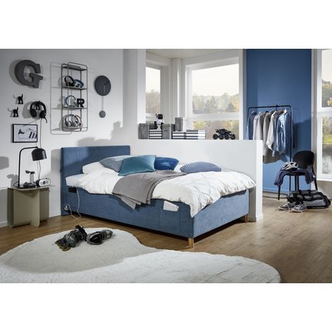 Meise Möbel Kinderbett Cool 140x200 cm Bettkasten & Lattenrost Cordstoff Ocean Holzfuß eichefarbig (1/5)