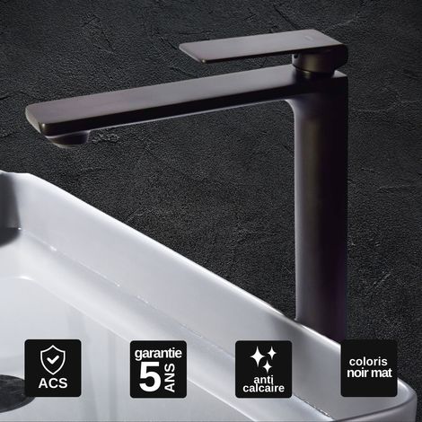 Robinet Mitigeur Lavabo Salle de Bain noir mat – Bec Haut Anti-Calcaire – Design Moderne - FIYI IMEX (1/4)