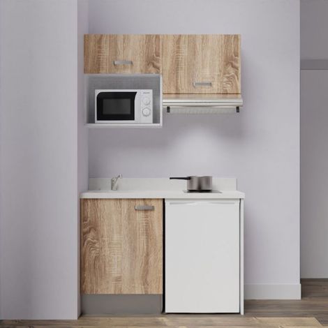 Kitchenette K02L - 120 cm avec plan monobloc, emplacement frigo, hotte et micro-ondes-Bois-Snova-évier à gauche