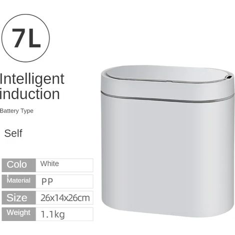 Poubelle automatique intelligente à capteur (blanche, 7 L, alimentée par piles), étanche, idéale pour la cuisine et la salle de bain. (1/5)