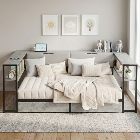 Cama juvenil 140x200 cm, con USB y Type C, 2 cajones y 6 compartimentos de almacenaje, MDF metal gris (1/5)