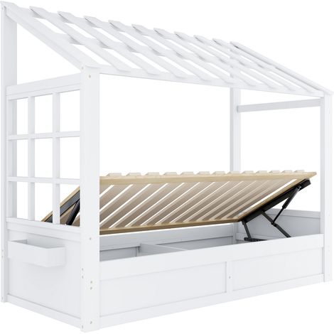 Letto a casetta per bambini 90 x 200 cm con tetto, finestra, vano contenitore e nicchie (1/5)