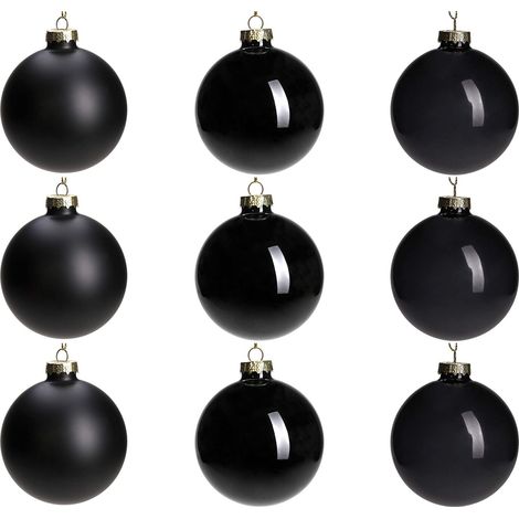 Lot de 9 boules de Noël en verre noir à suspendre effet mat, brillant ou transparent pour décoration de sapin de Noël, Noël gothique, Halloween, travaux créatifs 8 cm (1/5)