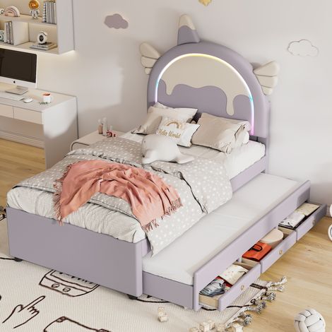 Letto per bambini stile cartoon unicorno in PU viola 90x200 cm con testiera e letto estraibile (1/5)