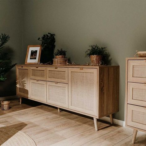 Toscohome – Buffet 4 portes et 2 tiroirs 180x70h cm effet osier – Structure chêne – Pieds en chêne – Facile à nettoyer - BALI 51 B (1/5)