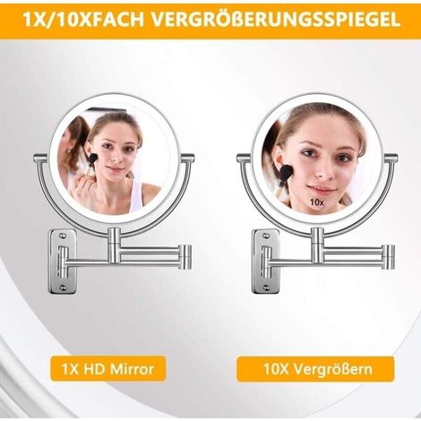 Specchio per il trucco con illuminazione a LED, montaggio a parete, ingrandimento 1x/3x, specchio per il trucco bifacciale, girevole a 360°, pieghevole, specchio da barba, in metallo cromato per bagno (1/4)