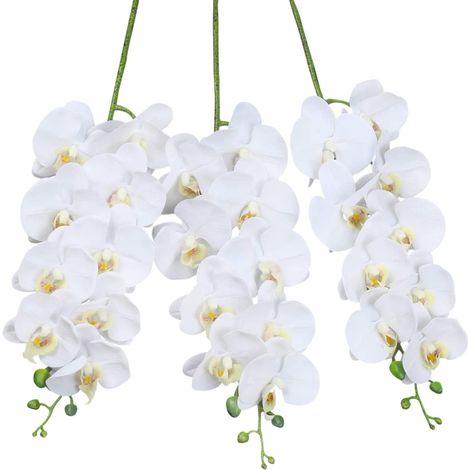 Juego de 3 tallos artificiales de orquídea blanca Real Touch PU de 94 cm de altura, 9 flores grandes de Phalaenopsis artificiales para decoración del hogar y bodas (3 piezas, blancas) (1/5)