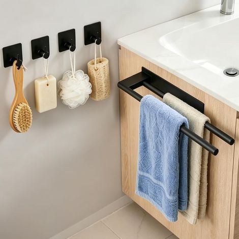 Porte Serviette Salle de Bain sans Percage avec 4 Accroche Serviette Acier Inoxydable Support de Serviettes, Porte Serviettes Adhesif pour Bain Cuisine Mural, Noir 39 cm (1/5)