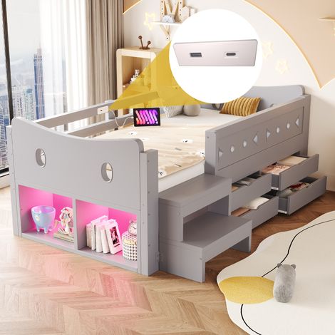 Kinderbett 90 × 200 cm Mit Einzigartigem Kopfteil, Ausgestattet Mit Staufächern, Schubladen und Sicherheitsgitter, Mit LED-Beleuchtung sowie USB- und Typ-C-Ladeanschlüssen, Einzelbett, Grau (1/5)