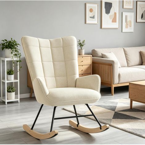 Silla mecedora TV beige de terciopelo con estructura de metal y madera maciza,67,5 x 65 x 95 cm (1/5)