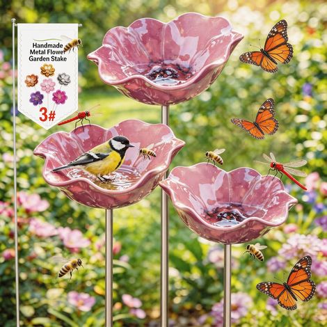 3 pezzi di vaschetta per uccelli in metallo con fiori, spiedini da giardino fatti a mano, vaschette per uccelli resistenti all'inverno e acqua anti-insetti, vaschetta per uccelli da giardino e patio 3 (1/5)