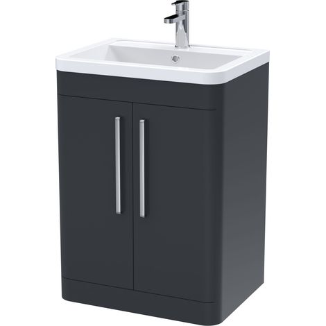 Balterley Aldershawe Contemporary Floor Standing 2 Door Bathroom Vanity Unit & Ceramic Basin, Dark Grey, 610mm