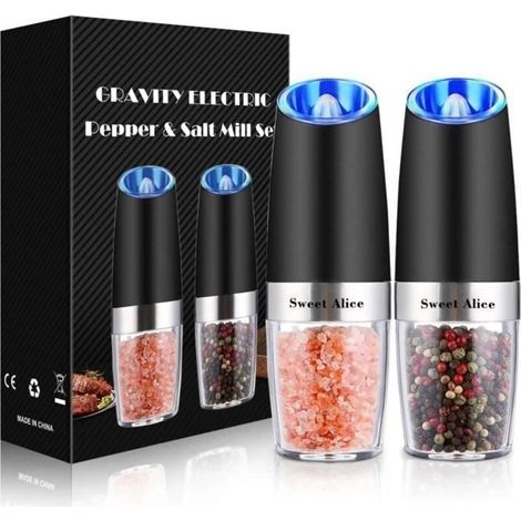 (Gravity Grinding - Black) Electric Gravity Pepper Mill Set, Salt and Pepper Mill, Electric Grinder, Spice Mill, 2-Pack (Black) (1/4)