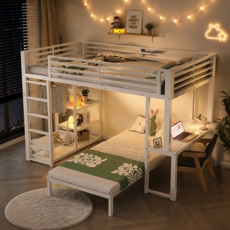 Cama alta 90x200 cm con escritorio y litera de metal - somier de láminas estanterías armario abierto toma usb tipo-c para habitación juvenil - blanco (1/5)