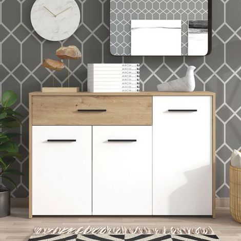 Aparador Sanza, Alacena con un Cajón, 2 Estantes, Puertas Abatibles y Correderas, 119x33x80.5h cm Blanco (1/5)