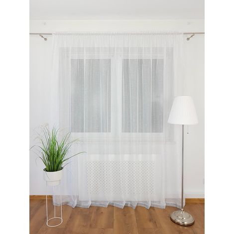 Tenda bianca 300x250 cm con nastro arricciato, batista satinata, strass, passante per asta per tende (1/5)