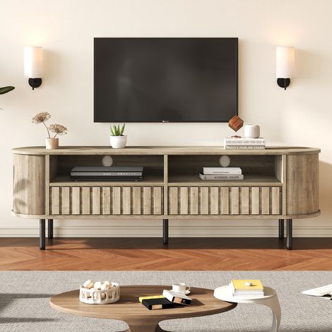 Meuble TV 160 x 40 x 48 cm, lowboard avec 2 caissons, meuble de salon avec 2 tiroirs, couleur bois naturel, en MDF, avec 5 pieds de soutien, adapté aux téléviseurs de 65 pouces