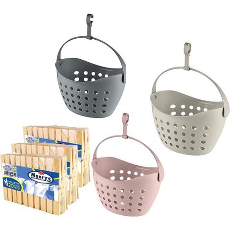 SET DI 60 MOLLETTE PER BUCATO IN LEGNO MAURY'S E CESTELLO PORTAMOLLETTE 22 X 16 X H15 CM IN COLORE ASSORTITO