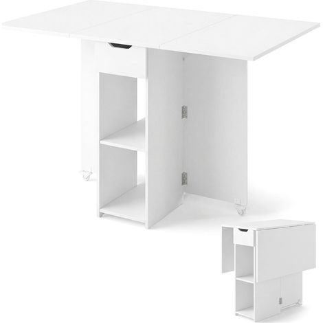 Mesa plegable de cocina de forma rectangular 120 x 72 x 75 cm con cajón y 2 estantes de estilo moderno en madera blanca 200020900