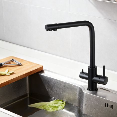 Océan Robinet de cuisine mitigeur évier cuisine 3 voies Filtre à eau, eau potable purifiée, 2 leviers, rotatif à 360°, acier inox, finition noir mat (1/4)