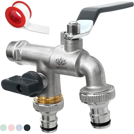 1 Robinet Double Laiton 3/4 Pouces, Résistant Gel, 2 Raccords Inclus, Jardin Machine À Laver (1/5)
