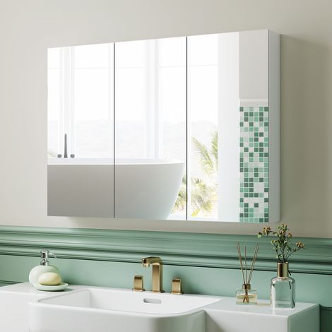 Armoire murale salle de bain avec miroir, armoire de toilette 3 portes miroir, étagères réglables, 91,5x11,5x65cm, blanc (1/5)