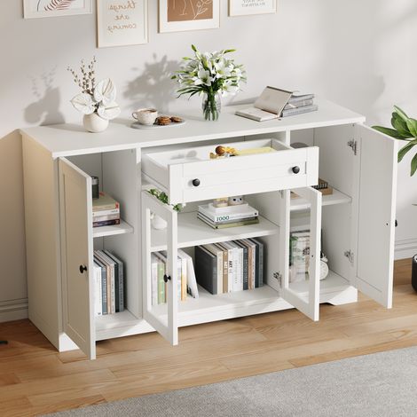 Aparador blanco moderno con 4 puertas, 2 de cristal, 1 cajón y 6 compartimentos 138x40x83 cm (1/5)