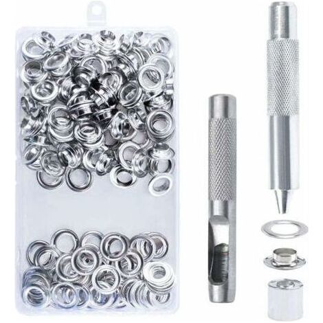 100pcs Ensembles Oeillets 14mm Oeillet Kit Oeillets Outils Métal Oeillet Oeillet Kit avec Oeillet Outils pour Toile Tarp Tente Réparation Argent, Ensoleillé (1/5)