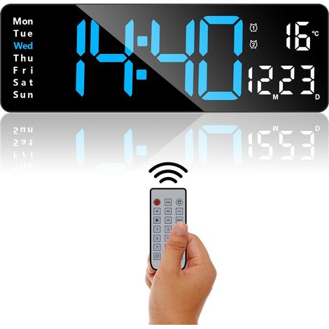 Digital Wall Clock, Large 13 Inch Digital Clock with Remote Control, Digital Alarm Clock with 2 Alarms/Temperature/Date/Time/Brightness Adjustable/Countdown (Blue) (1/5)