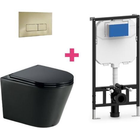 Hänge-WC TURIN Komplett-Set schwarz mit rechteckiger goldfarbender Drückerplatte