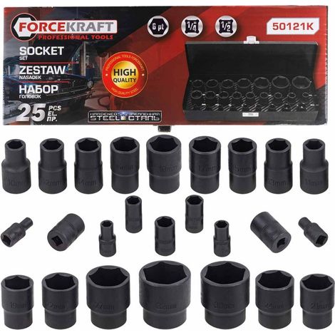 Juego de vasos de impacto de 1/2" y 1/4" de 4 a 32 mm, 6 puntas, estuche de 25 piezas