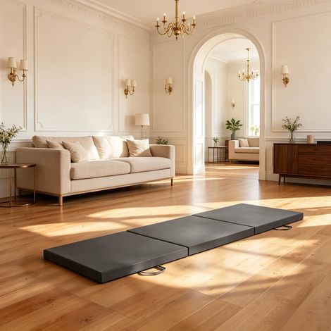 Esterilla de gimnasia plegable de 3 piezas, gris, 180 x 60 x 5 cm, esterilla de yoga y pilates con asas y funda sintética. (1/5)