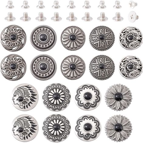 18 ensembles de rivets décoratifs noirs en turquoise, boucles rondes plates vintage en métal tibétain, boutons à vis en fleur pour vêtements en cuir, sacs, chaussures, loisirs créatifs (1/5)