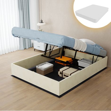 Cama minimalista moderna de tela beige y metal 140x200 cm, sin cabecero, con estructura de cama incluida (1/5)