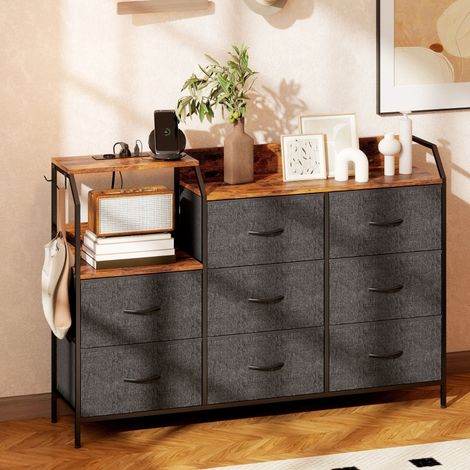 Commode avec 8 Tiroirs en Tissu, Niche Ouverte, Station de Charge et 2 Crochets, pour Chambre ou Salon, Marron Rustique (1/5)